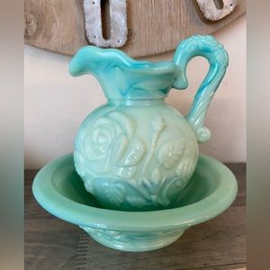 Vintage Avon Jadeite Green Swirl Milk Glass Rose Mini Bowl and Pitcher Set 1976